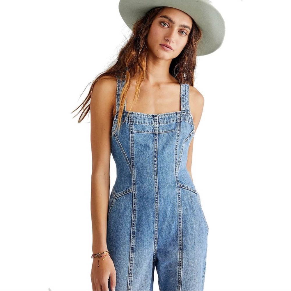 Free People Kendra Jumpsuit  Denim Open Back w/Ties Flared Leg NWT